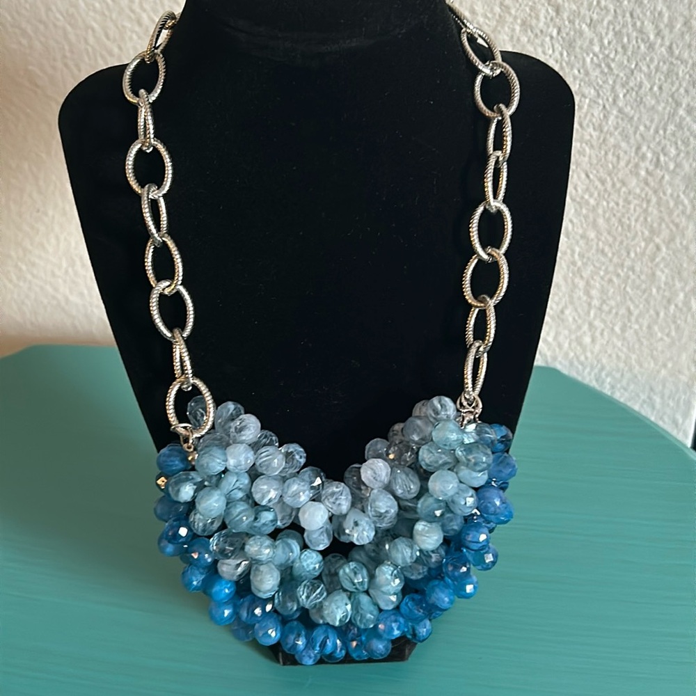 Loft Faceted Ocean Blues Statement Necklace on Silver Tone Oval Link Chain